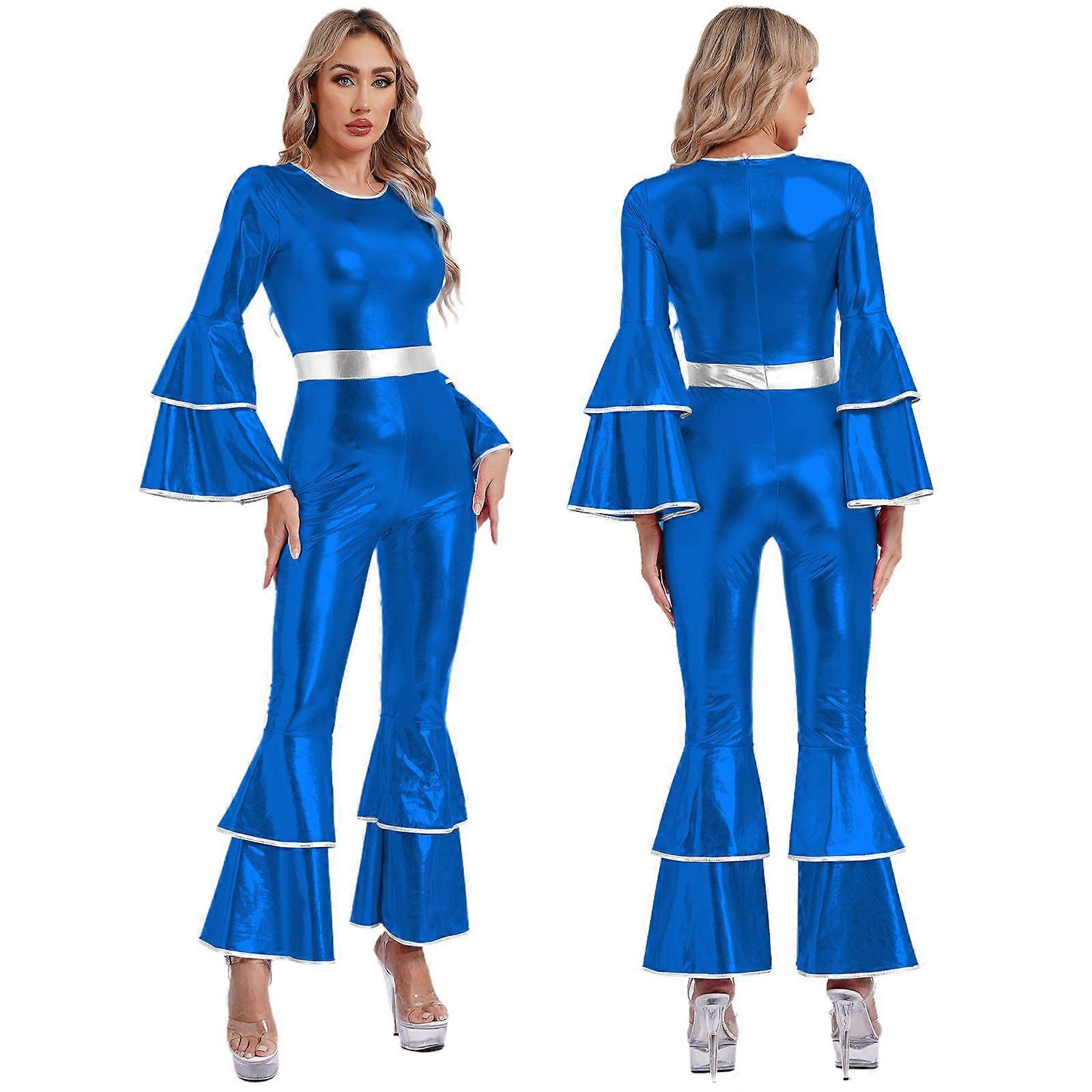Women's Vintage 70s Disco Shiny Jumpsuit Bell Bottom Hippie Romper Cheerleading Uniform Halloween Cosplay Theme Party Costume royal blue_yux royal blue M - Image 1