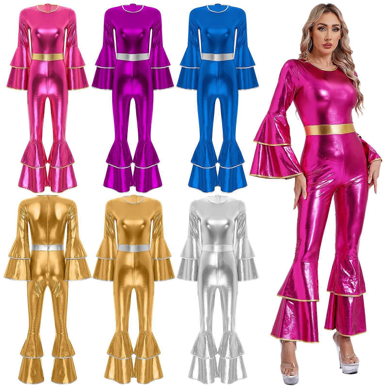 Women's Vintage 70s Disco Shiny Jumpsuit Bell Bottom Hippie Romper Cheerleading Uniform Halloween Cosplay Theme Party Costume royal blue_yux royal blue M - Image 2