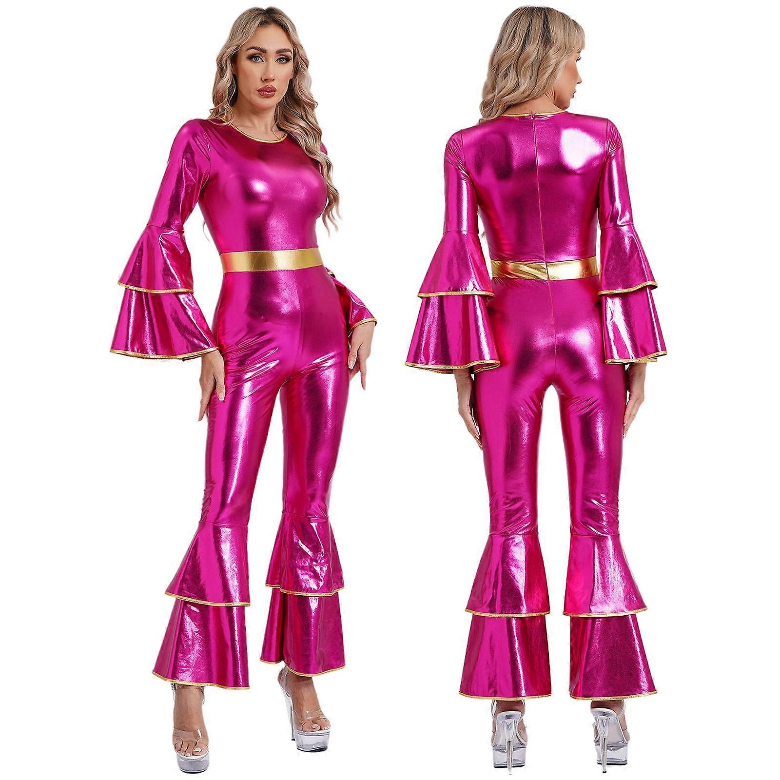 Women's Vintage 70s Disco Shiny Jumpsuit Bell Bottom Hippie Romper Cheerleading Uniform Halloween Cosplay Theme Party Costume royal blue_yux royal blue M - Image 3