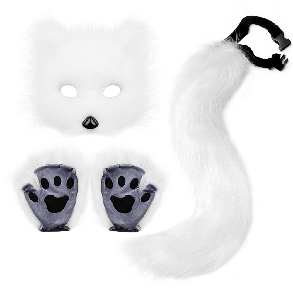 Therian Paws Fur Mask & Tail Set Girly Cat Mask Halloween Party Costume_yux White - Image 1