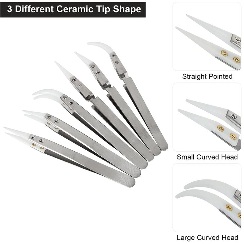 6pcs Precision Ceramic Inverted Soldering Tweezers Non-conductive Antimagnetic Pointed Curved Tips - Image 2