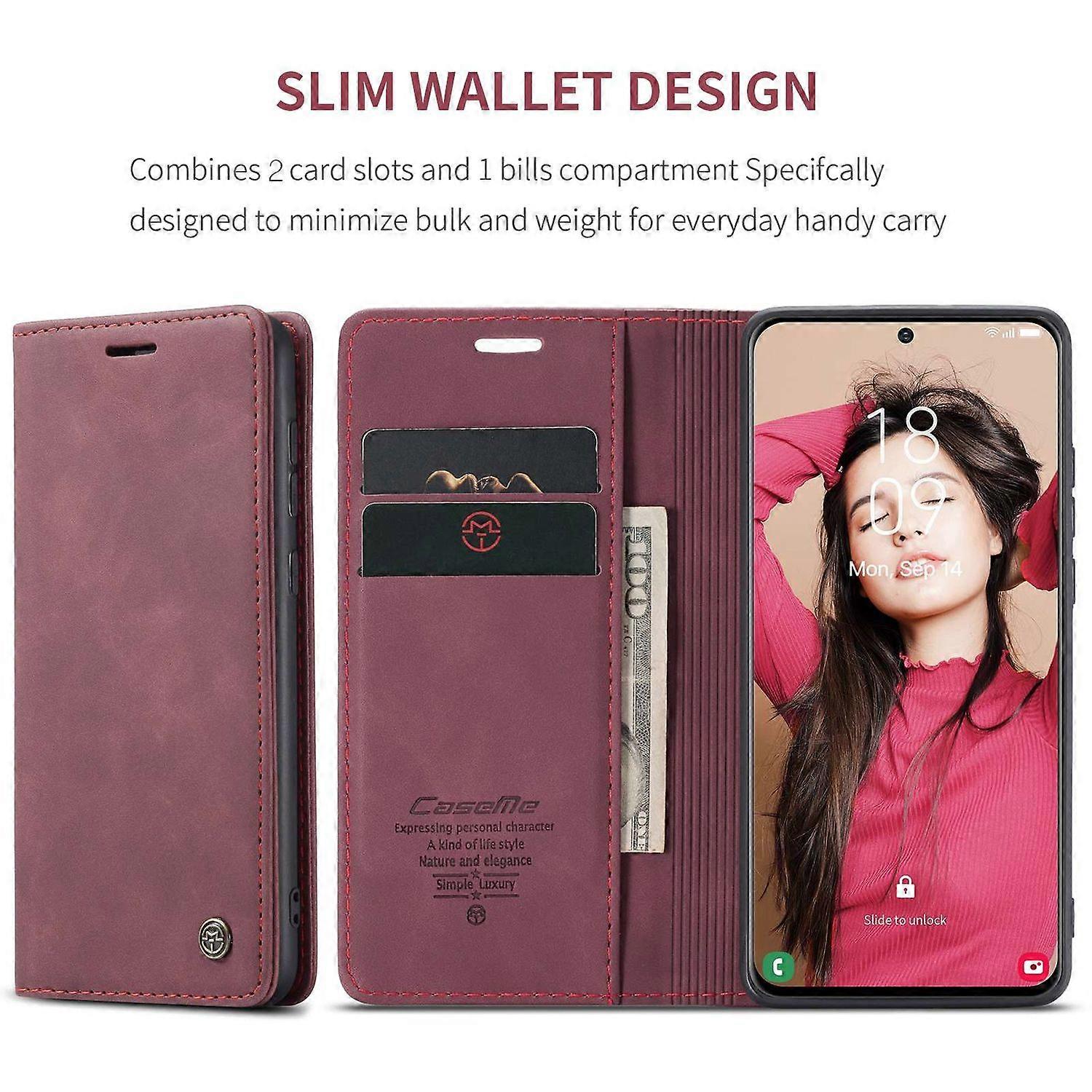 CASEME 013 Series Samsung Galaxy S21 FE Wallet Case Stand Automatic Suction PU Leather Case Red_yux Red Red - Image 4