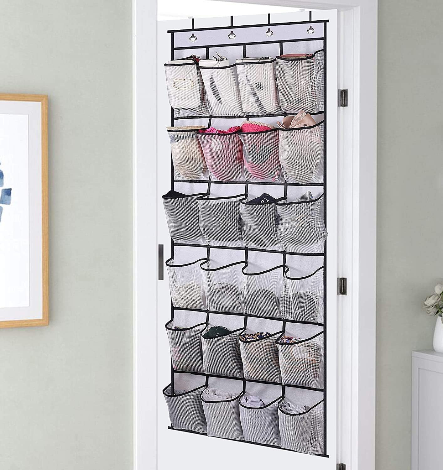 pc Over the Door Shoe Storage Organizer Hanging Shoe Rack Holder 24 Large Mesh Pockets for Closet Door Organization with Hangers White White - Image 2