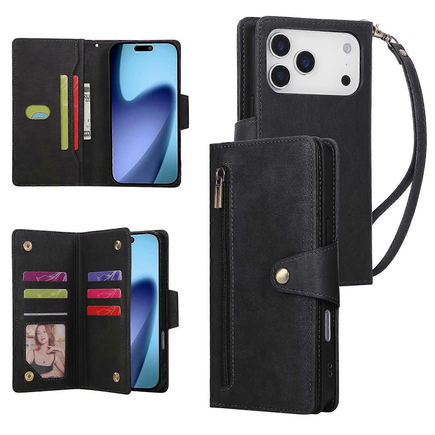 Compatible with iPhone 17 Pro Max Magnetic Leather Wallet Card Holder Black - Image 1