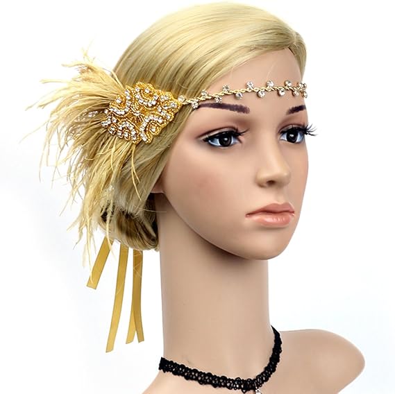 Vintage Flapper Headband 1920s Art Deco Sparkly Hairband Gatsby Feather Headpiece_yux - Image 3