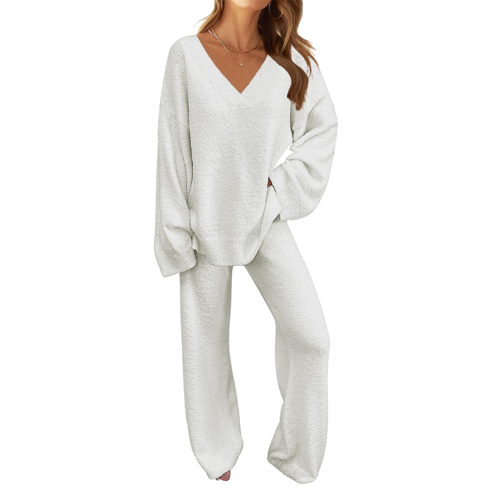 Women's 2-Piece Set Fuzzy Fleece Pajamas Set Long Sleeve Loungewear White White White S - Image 1