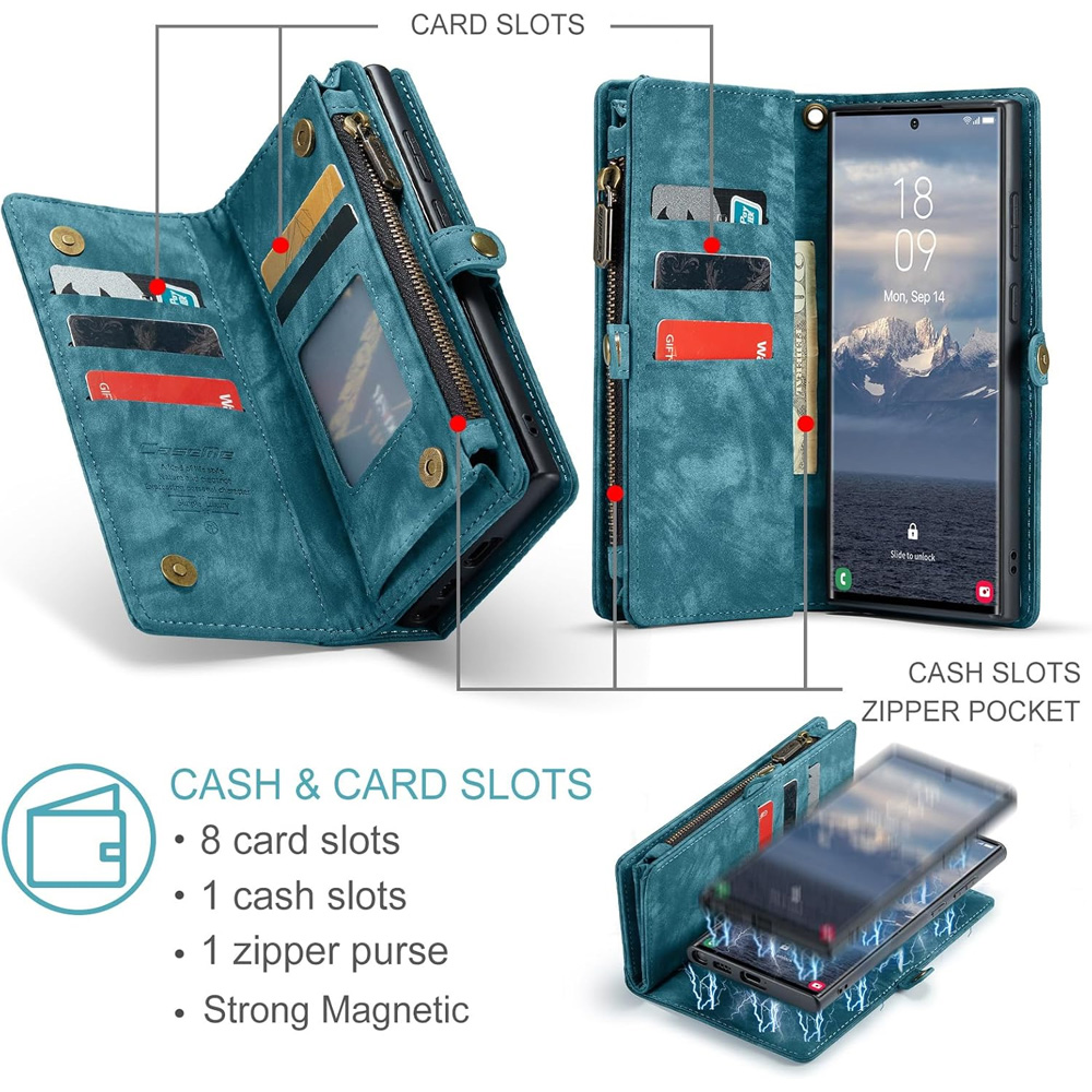 2-in-1 Detachable Wallet Case for iPhone 16 & Samsung, Retro Leather Flip Case with Card Holder & Magnetic Zipper Black Black 三星S25 - Image 2