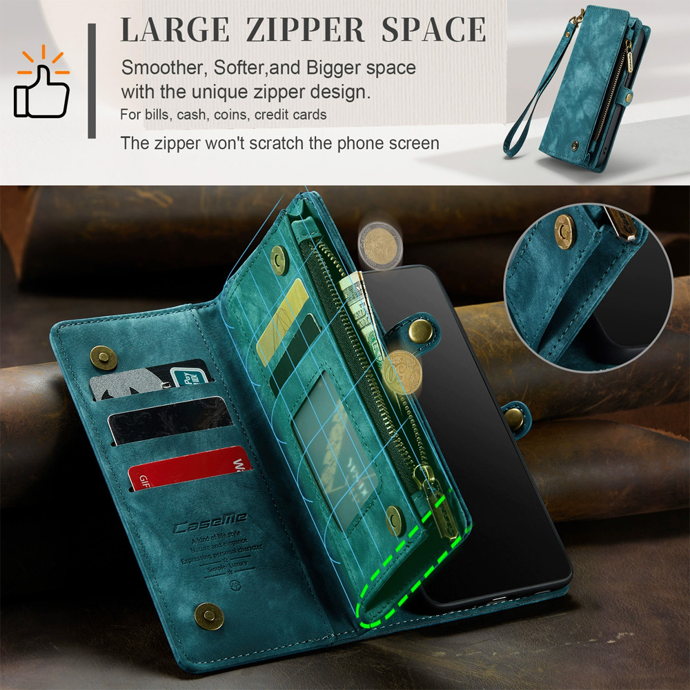 2-in-1 Detachable Wallet Case for iPhone 16 & Samsung, Retro Leather Flip Case with Card Holder & Magnetic Zipper Black Black 三星S25 - Image 3