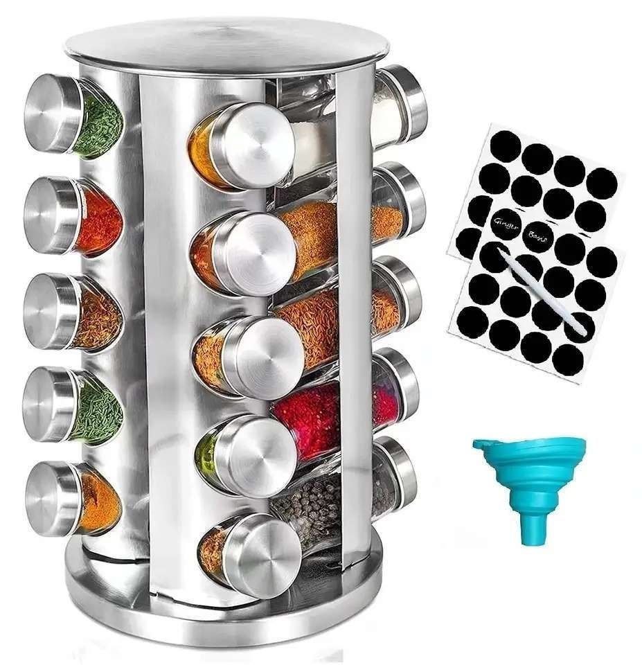 20 Glass Jars with Labels, Transparent, Rotating Spice Tower - Image 1