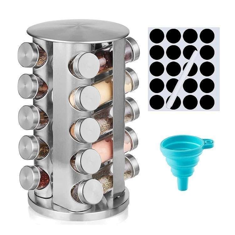 20 Glass Jars with Labels, Transparent, Rotating Spice Tower - Image 8