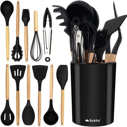 12pcs Black Heat Resistant Silicone Kitchen Utensils Set - Image 1