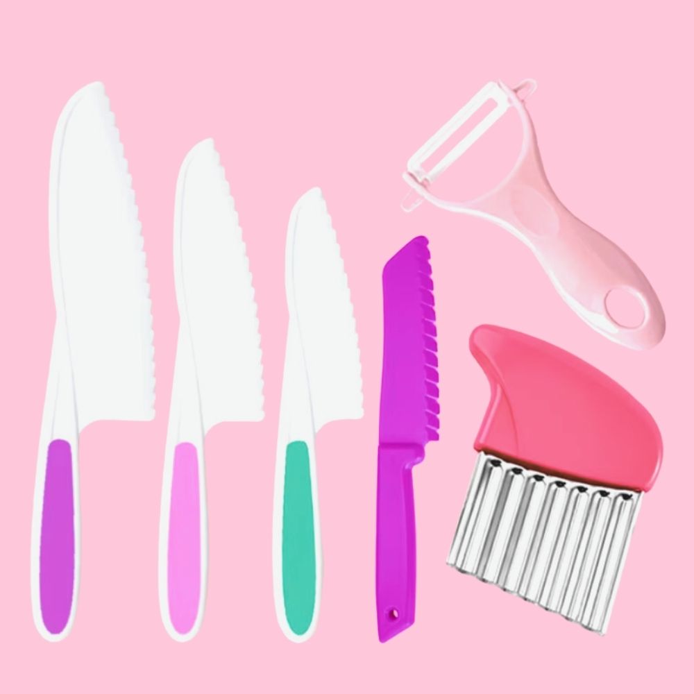Child-Friendly Kitchen Set with Knife and Potato Peeler, Pink - Image 1