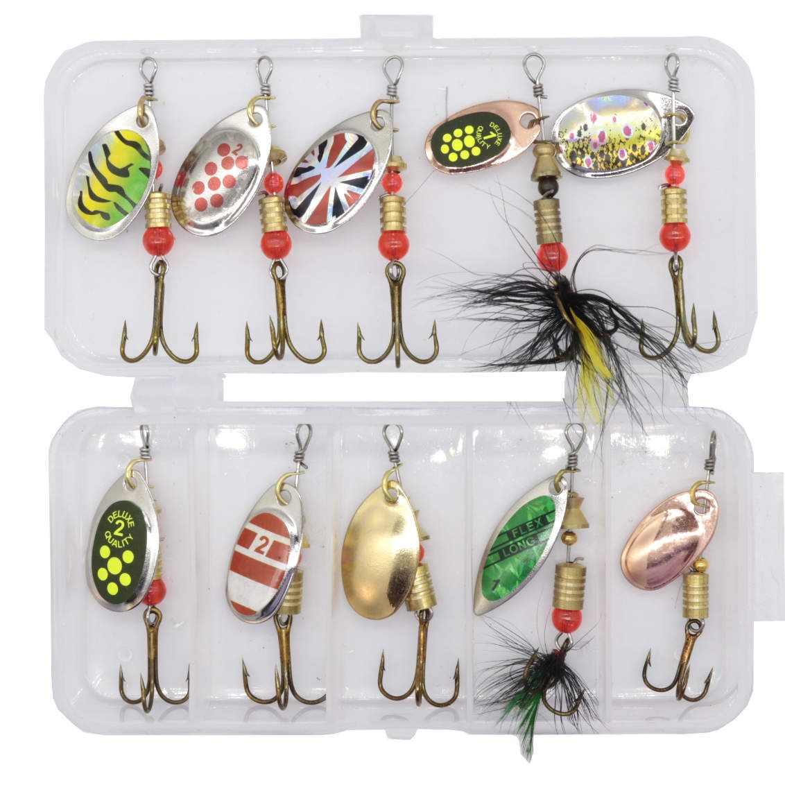 10 pcs MultiColor Fishing Lure Spinners, in Practical Box - Image 1