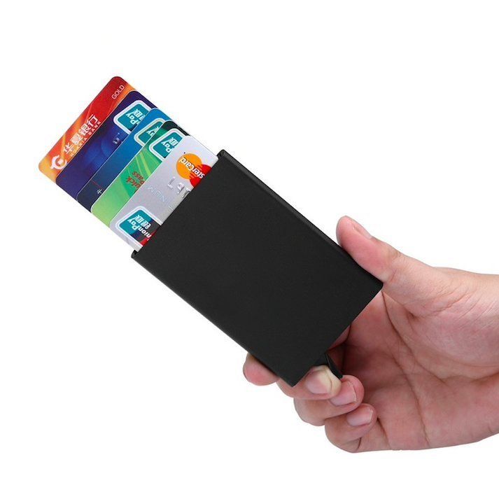 Aluminum Pop-Up Card Holder RFID-Safe Black Case - Image 1