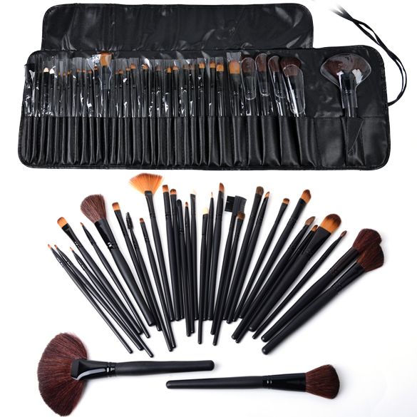 32pcs Professional Makeup Brushes, Genuine Goat Hair, Leather Case, Black - Image 1