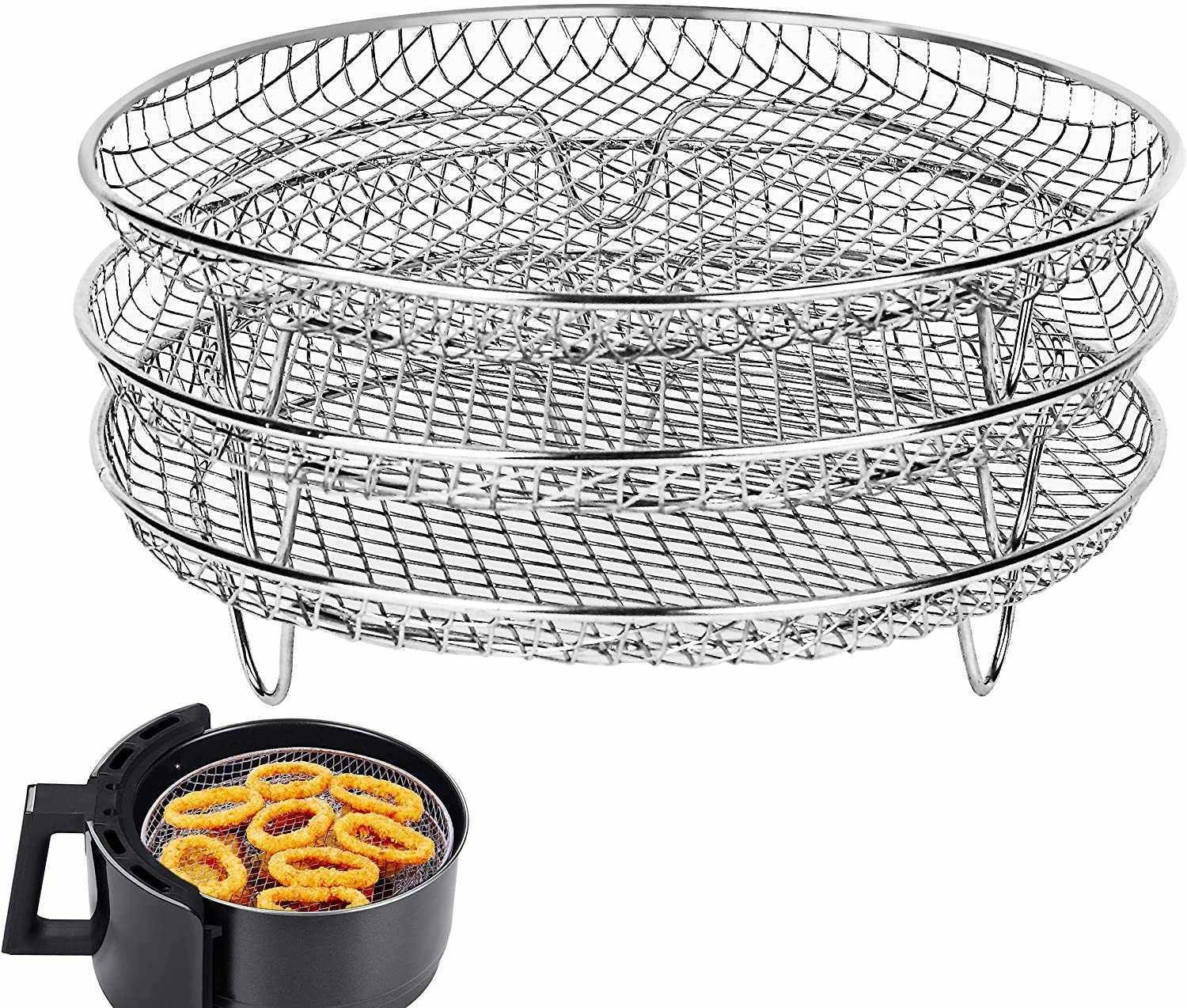 3pcs Air Fryer Basket Rack Stainless Steel Compartment, silver - Image 1