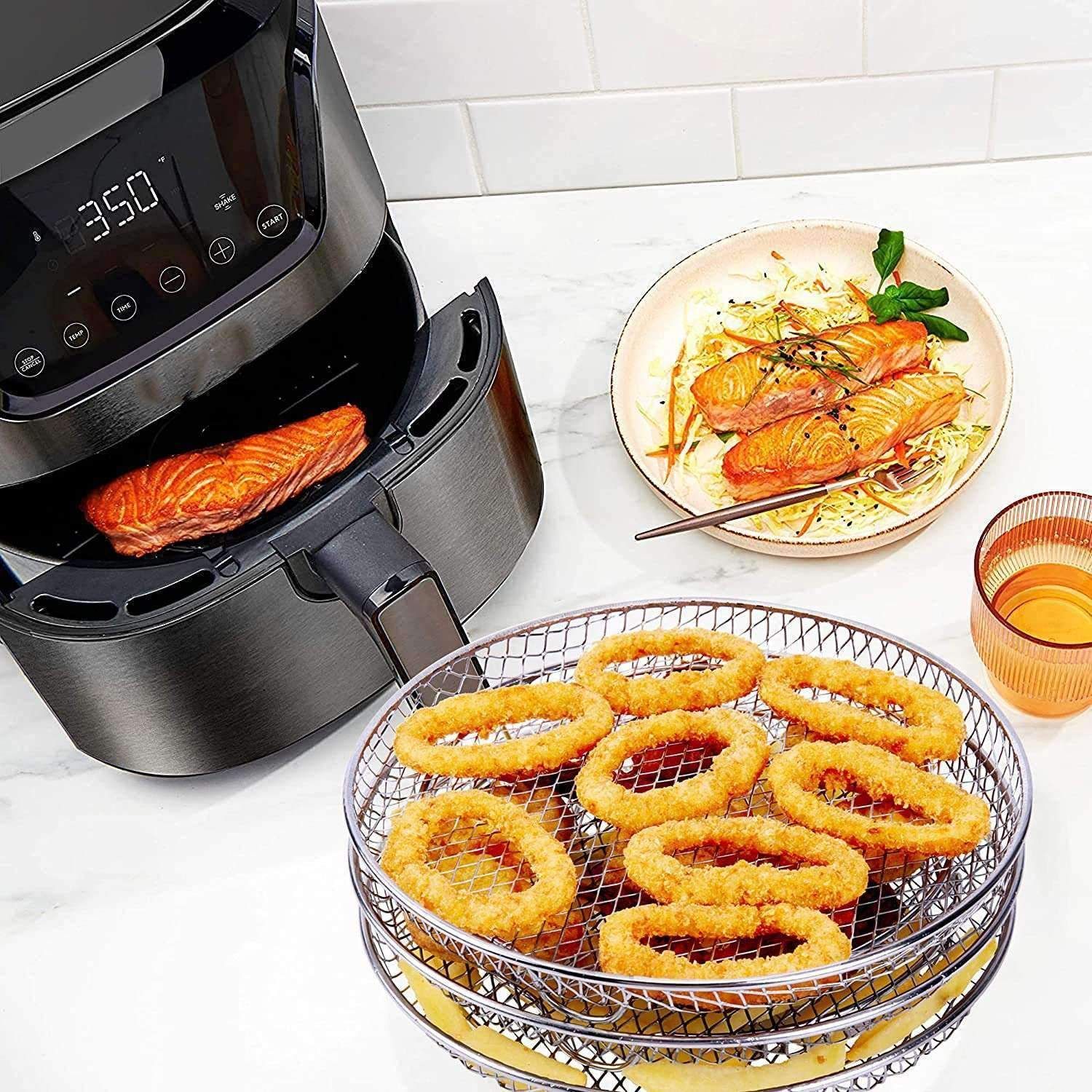 3pcs Air Fryer Basket Rack Stainless Steel Compartment, silver - Image 3