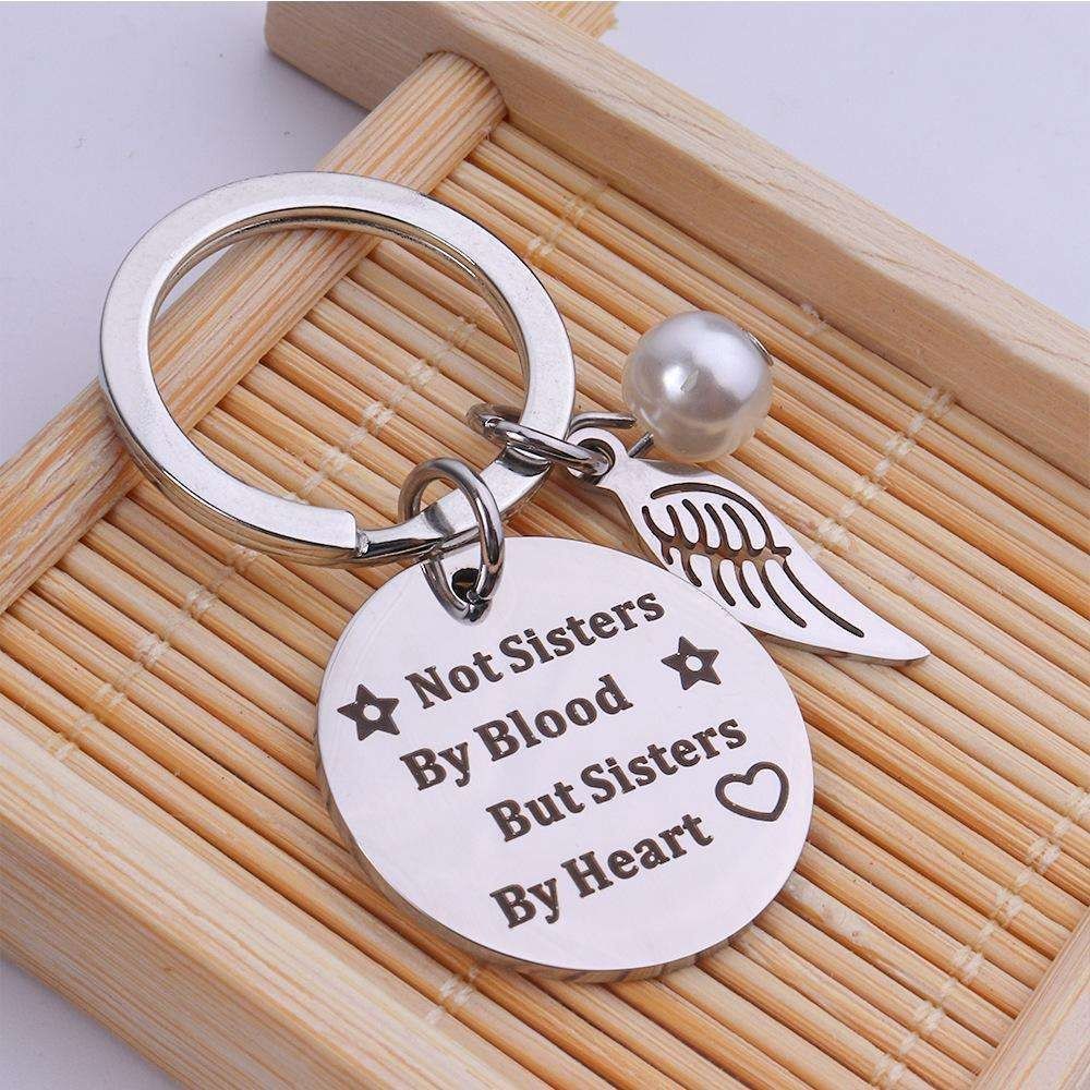 Sisters by Heart Keychain Stainless Steel Vintage Silver - Image 2
