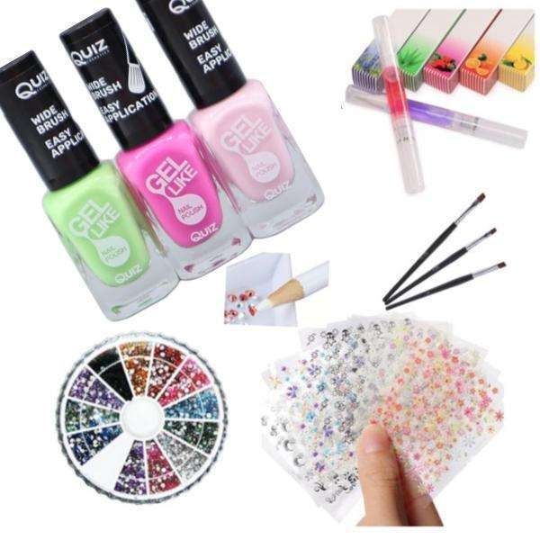 Nail kit with polish, rhinestones, and stickers, MultiColor - Image 1
