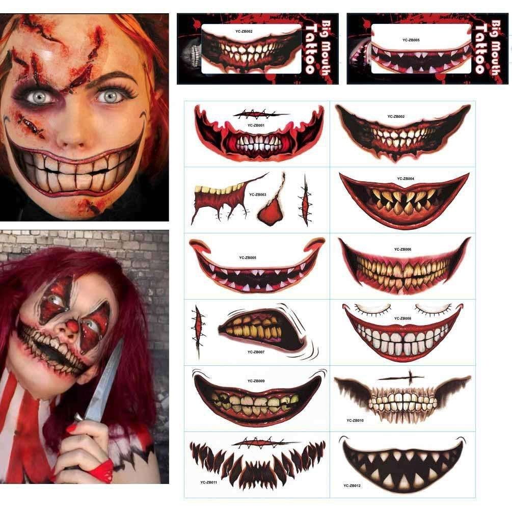 12pcs Halloween Wound Tattoo Mouth Tattoos, MultiColor - Image 1