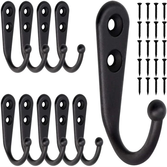 10pcs Black Wall Hooks with Screws, Coat Hangers - Image 1