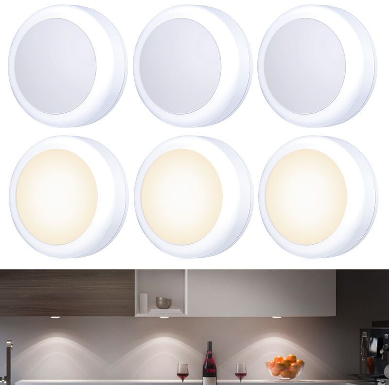 6 Pack Battery Operated Touch LED Spotlights Warm White for Cabinet Wardrobe Kitchen Furniture - Image 1