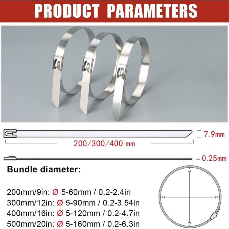 100 Pack Stainless Steel Metal Zip Ties Heavy Duty Silver 120kg Strength, 500 x 7.9mm - Image 2