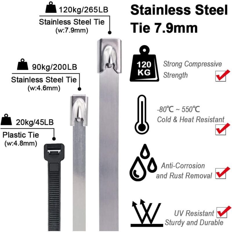 100 Pack Stainless Steel Metal Zip Ties Heavy Duty Silver 120kg Strength, 500 x 7.9mm - Image 3