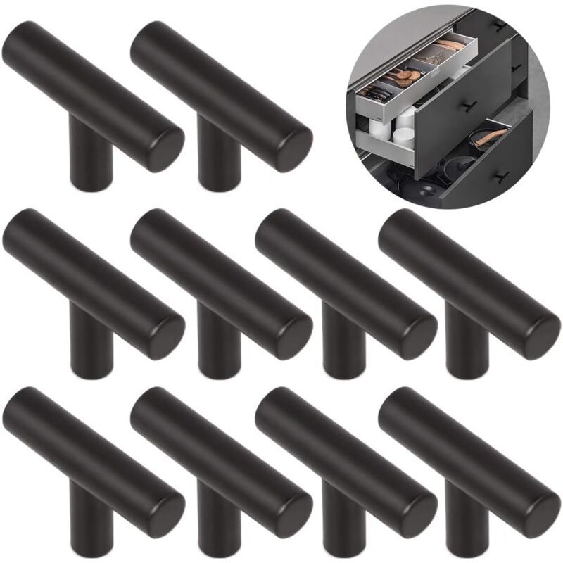 10 Pack Black Stainless Steel Kitchen Cabinet Door Handles, 50mm Hole Spacing - Image 1