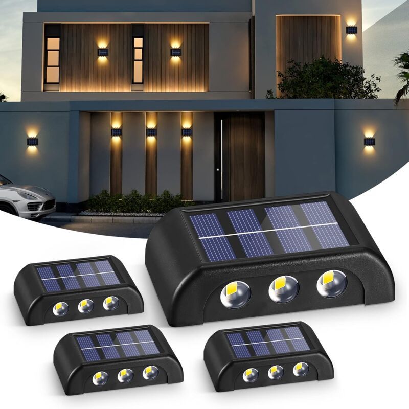 4 Pack Outdoor Solar Wall Lights Warm White IP65 Waterproof Up and Down Lights for Garden Yard Patio Fence - Image 1