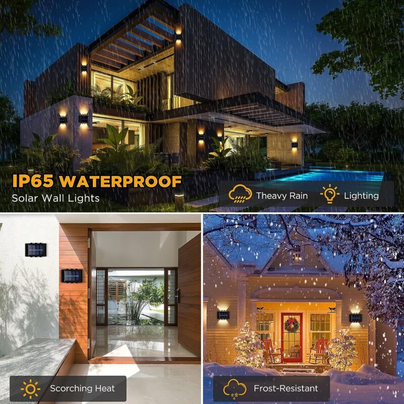 4 Pack Outdoor Solar Wall Lights Warm White IP65 Waterproof Up and Down Lights for Garden Yard Patio Fence - Image 2