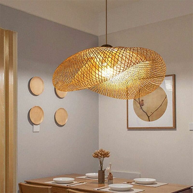 E27 Bamboo Rattan Pendant Light Vintage Adjustable Woven Chandelier for Dining Office Cafe, 40cm - Image 2