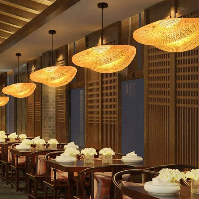 E27 Bamboo Rattan Pendant Light Vintage Adjustable Woven Chandelier for Dining Office Cafe, 40cm - Image 4