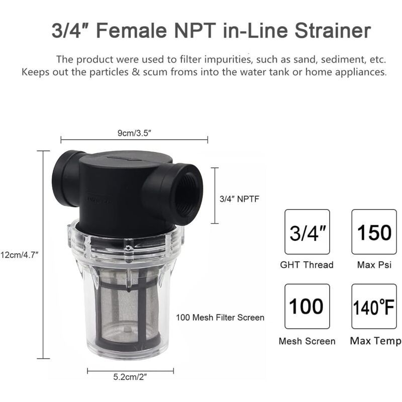 Water Pump Inline Filter with 100 Mesh Stainless Steel Strainer for Garden Watering, 0.75 Inch - Image 4
