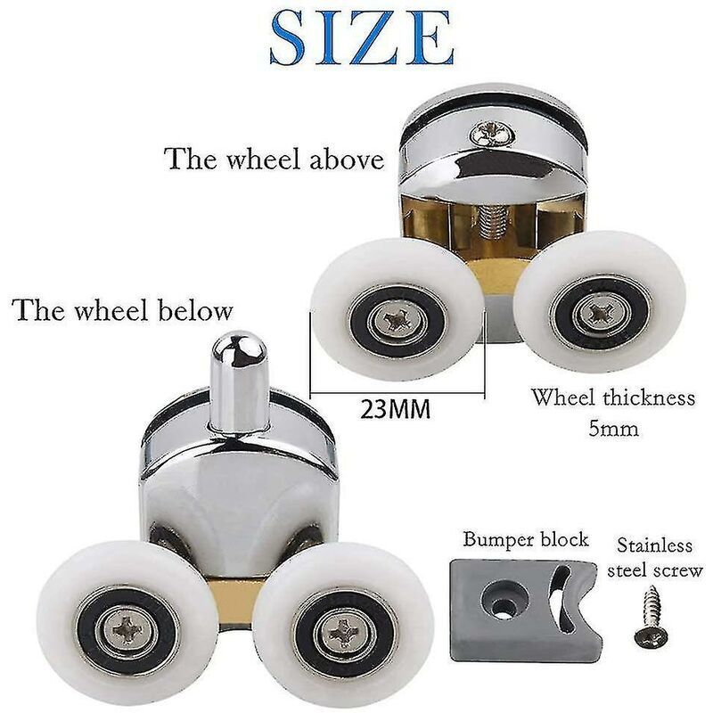 4 Pack Shower Door Rollers Upper and Lower Replacement Wheels for Sliding Shower, 23mm - Image 2