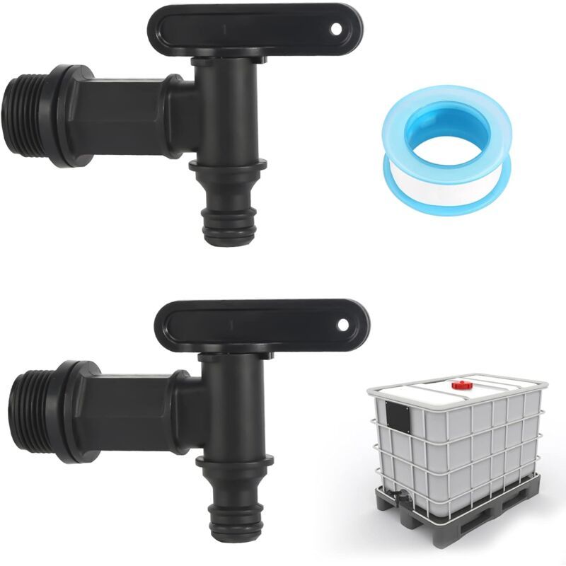 2 Pack Rain Tank Tap with PTFE Tape IBC Drain Tap Plastic Replacement Tap, 0.75 Inch - Image 1