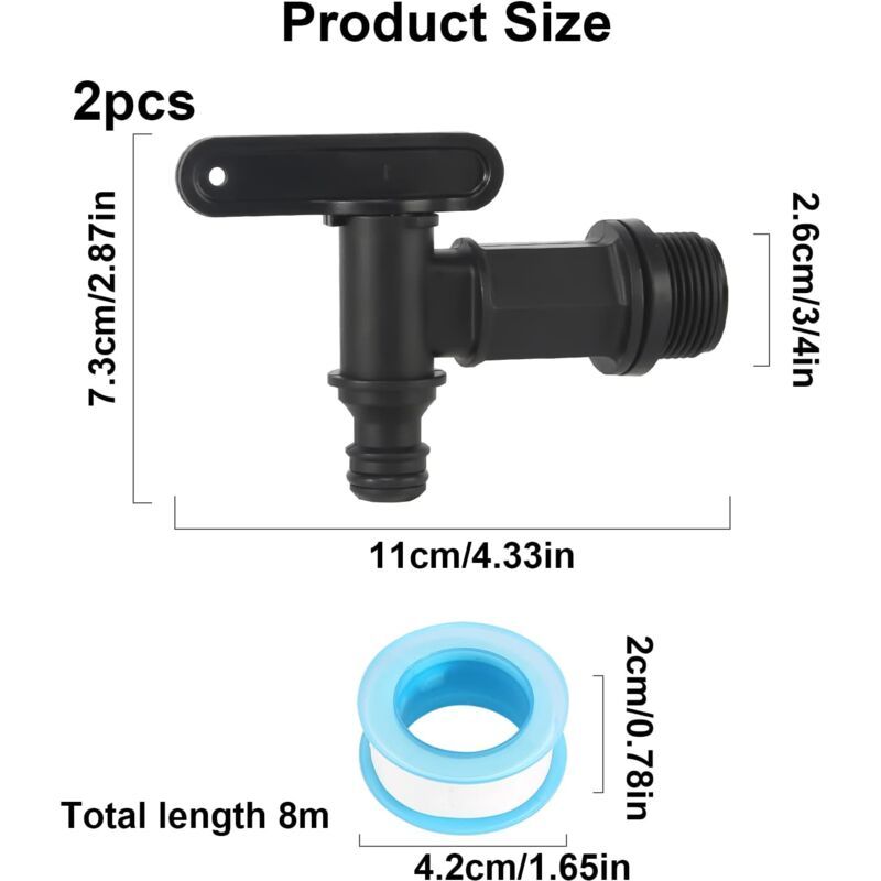 2 Pack Rain Tank Tap with PTFE Tape IBC Drain Tap Plastic Replacement Tap, 0.75 Inch - Image 2