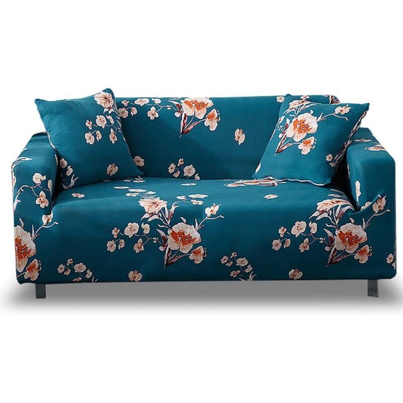 3 Seater Stretch Sofa Cover with Armrests Elastic Furniture Protector Blue Flower - Image 1