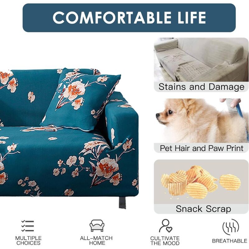 3 Seater Stretch Sofa Cover with Armrests Elastic Furniture Protector Blue Flower - Image 3