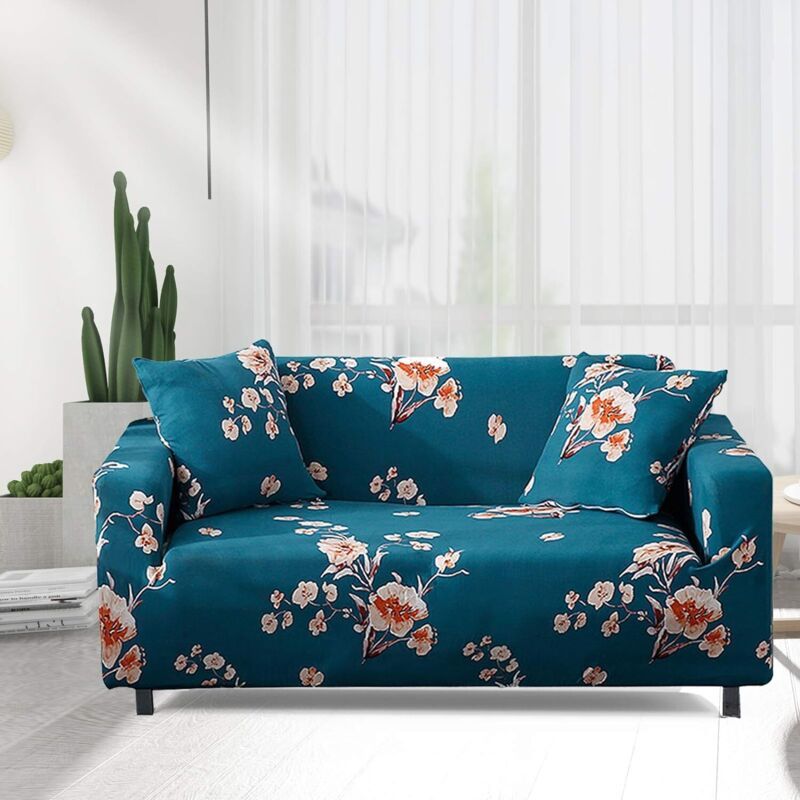 3 Seater Stretch Sofa Cover with Armrests Elastic Furniture Protector Blue Flower - Image 4