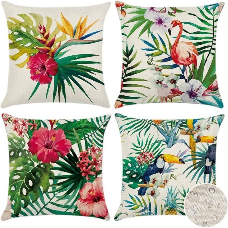 4 Pack Waterproof Outdoor Cushion Covers Tropical Plant Flower Bird Pattern for Patio Sofa, 45 x 45cm - Image 1