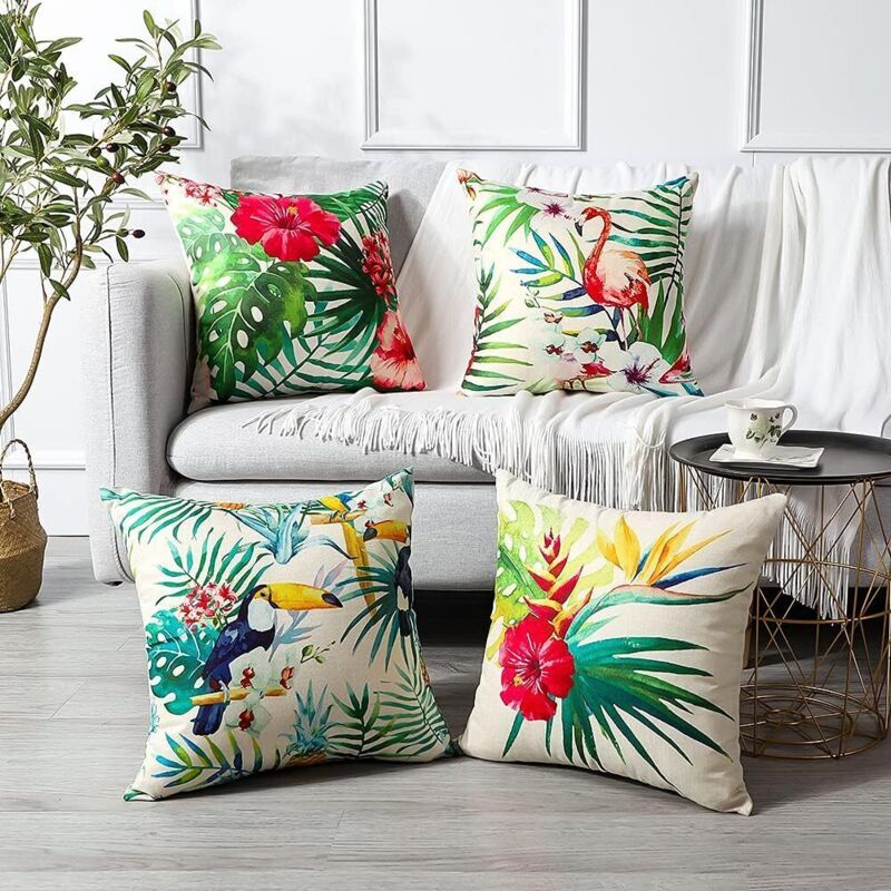 4 Pack Waterproof Outdoor Cushion Covers Tropical Plant Flower Bird Pattern for Patio Sofa, 45 x 45cm - Image 2
