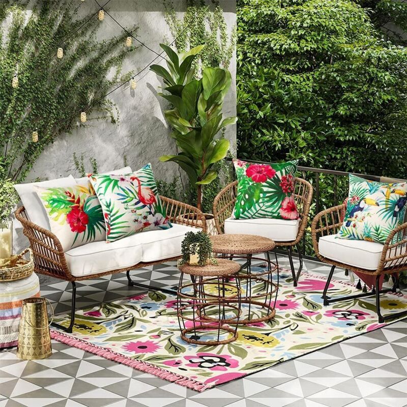 4 Pack Waterproof Outdoor Cushion Covers Tropical Plant Flower Bird Pattern for Patio Sofa, 45 x 45cm - Image 3