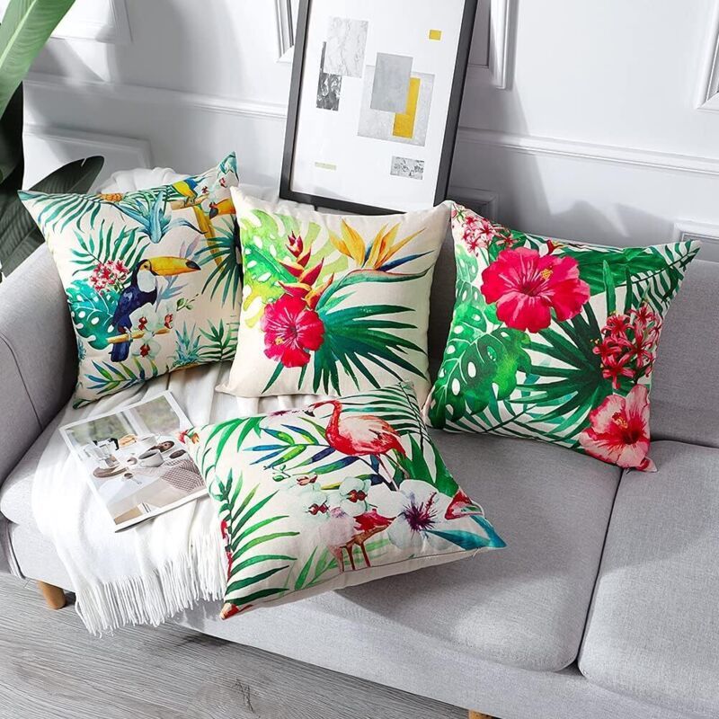 4 Pack Waterproof Outdoor Cushion Covers Tropical Plant Flower Bird Pattern for Patio Sofa, 45 x 45cm - Image 4