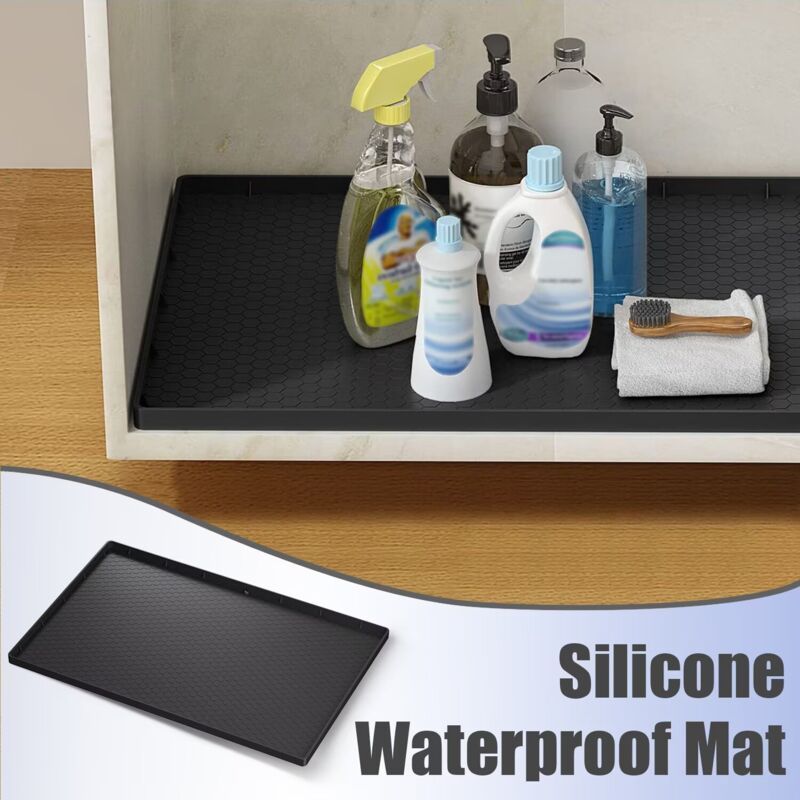 Waterproof Silicone Under Sink Mat Black Flexible Cabinet Liner with Drainage Hole, 34 x 22in - Image 1
