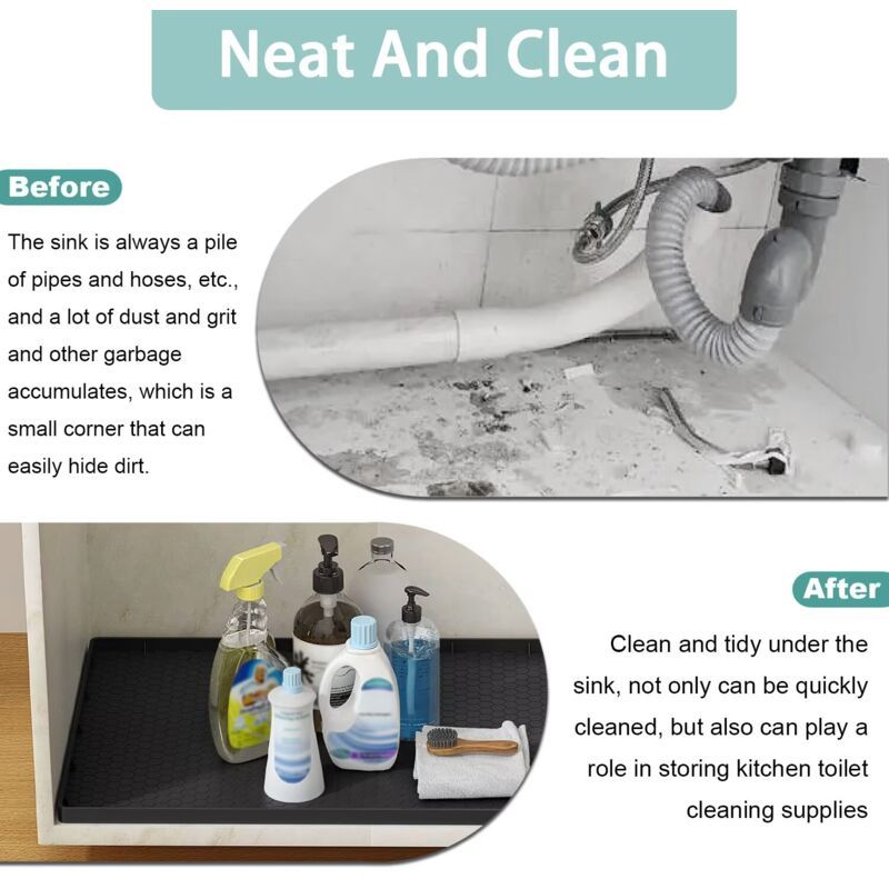 Waterproof Silicone Under Sink Mat Black Flexible Cabinet Liner with Drainage Hole, 34 x 22in - Image 3