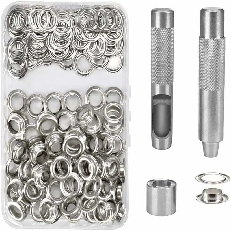 100 Pack Metal Grommet Eyelet Kit with Tools for Canvas Tarpaulin Tent Repair Silver, 14mm - Image 1