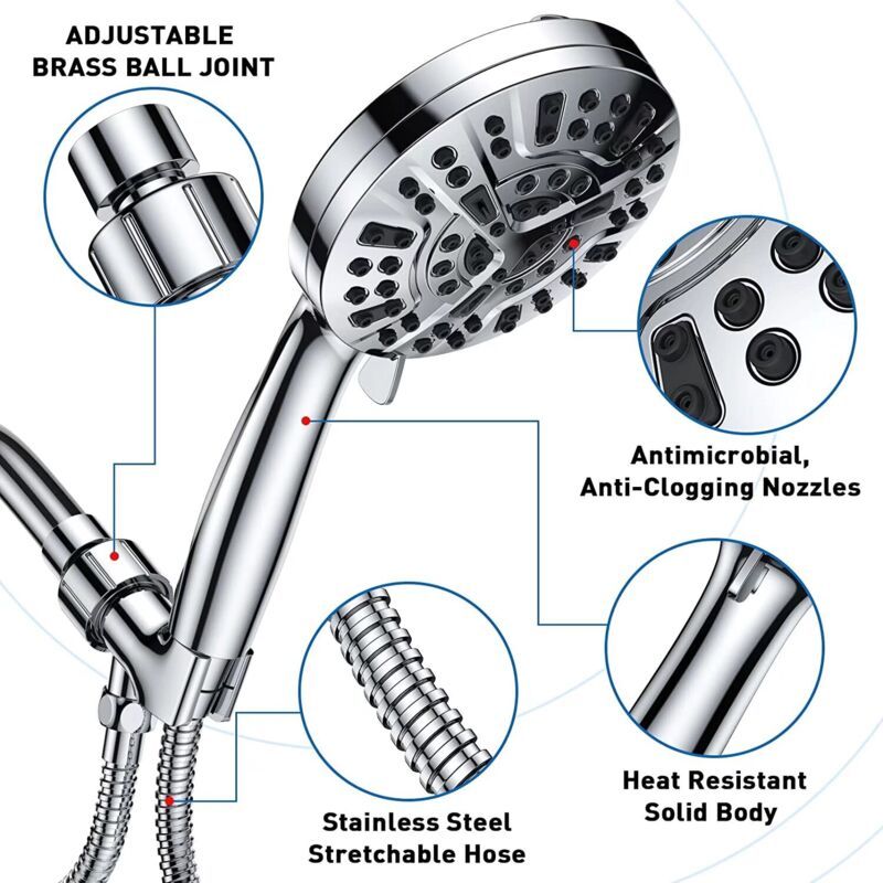 Square Shower Head with Hose Chrome 10 Mode Adjustable High Pressure Hand Shower, 1.5M Hose - Image 3