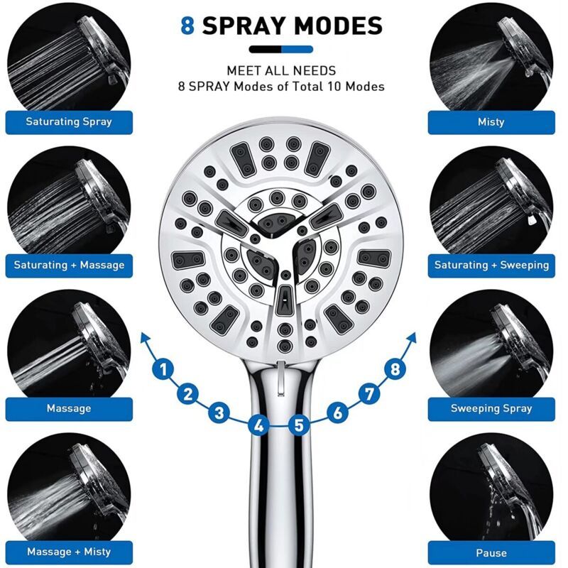 Square Shower Head with Hose Chrome 10 Mode Adjustable High Pressure Hand Shower, 1.5M Hose - Image 4