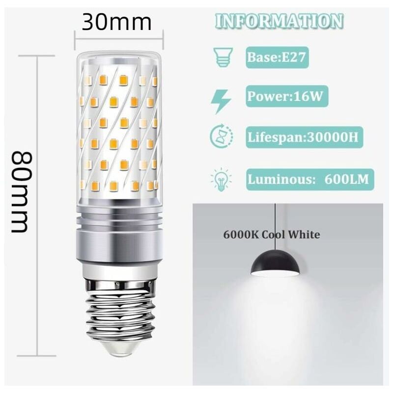 5 Pack E27 LED Corn Bulbs 16W 900lm AC 230V 360 Degree Beam, 6000K - Image 2